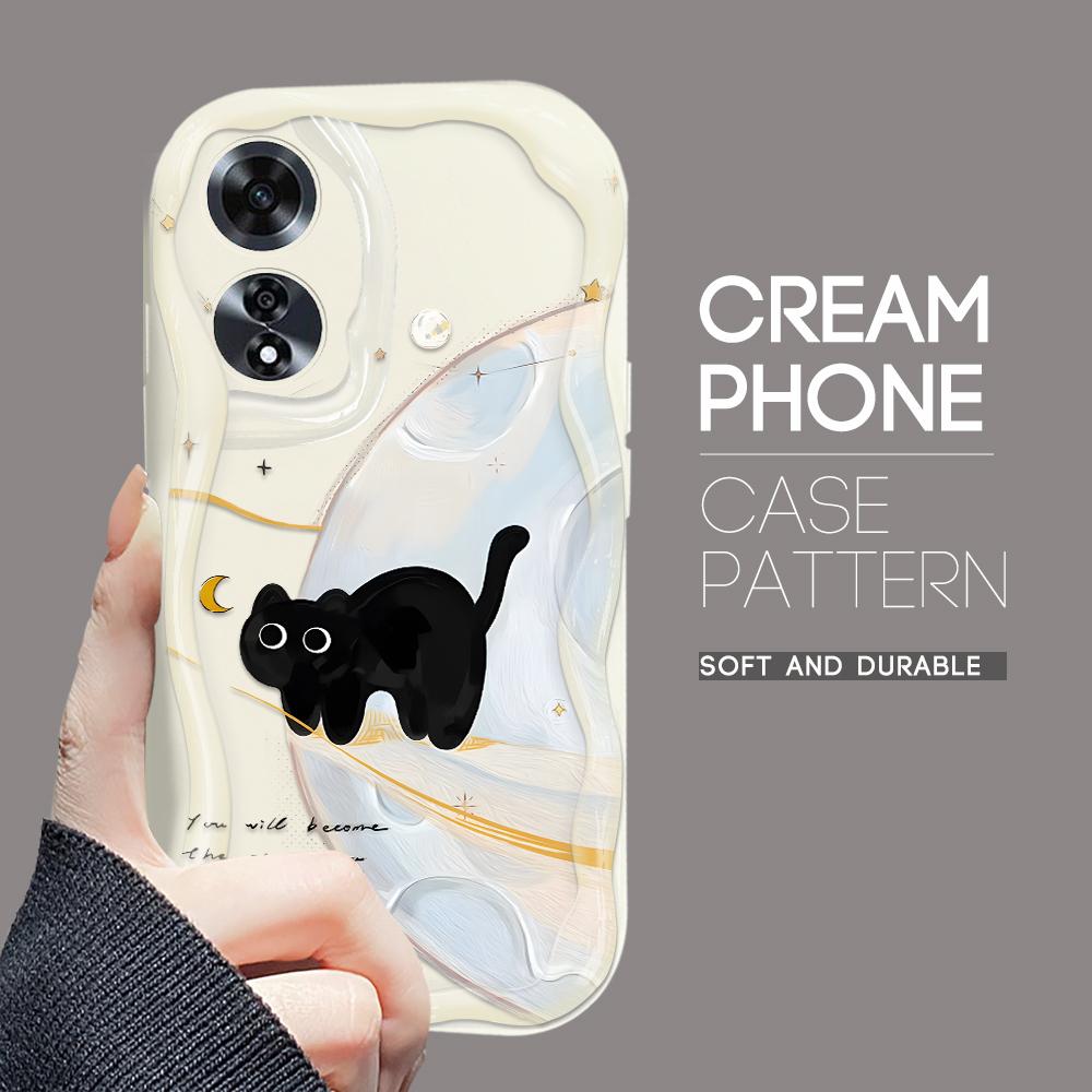 For OPPO A17 A18 A38 A58 A98 Reno7 Z 8Z 8T 11F 11 Pro Realme 12 Lite 12 Pro C30 Soft Wavy Edge Cartoon Lovely Cat Pattern Full Lens Protect Case