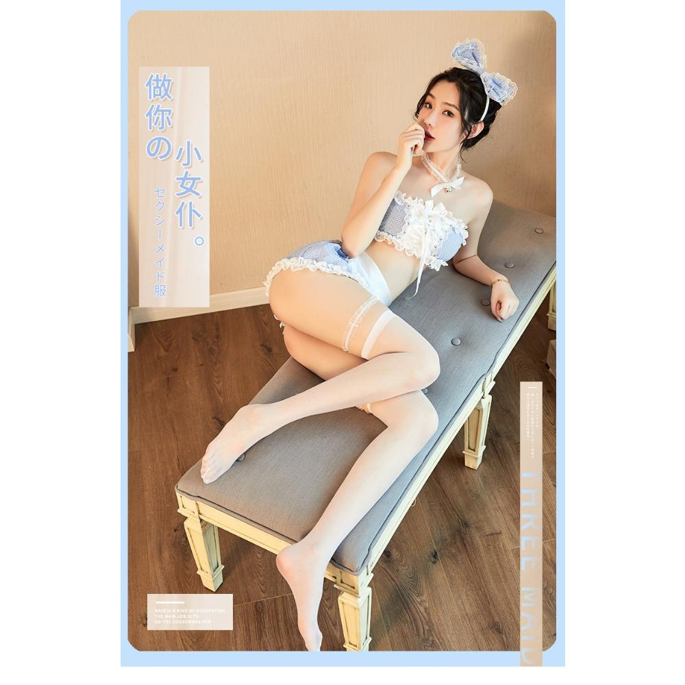 New Sexy Underwear Female Sexy Blue Grid Maid Maid Dress Slave Uniform Temptation Passion Clothes Set Hair