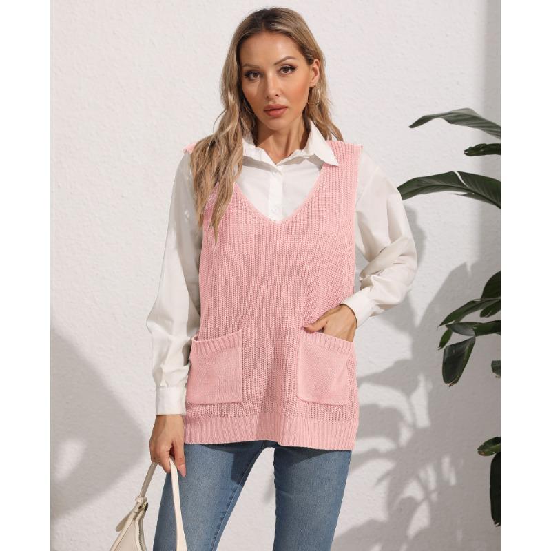 Women's Autumn and Winter Double Pocket Patchwork V-Neck Casual Sweater Vest