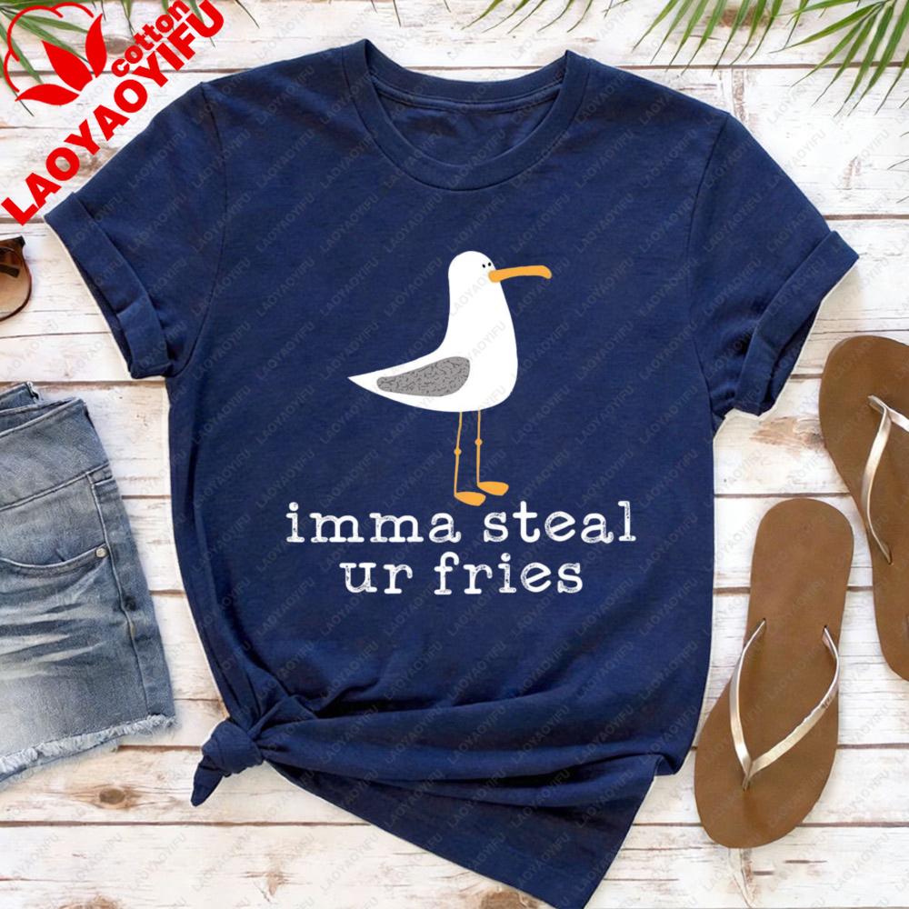Seagull Print Women TShirt Casual Summer Short Sleeve Cotton Top Fashion Beach Outfit Gift for Her Cute Seagull Print Clothes