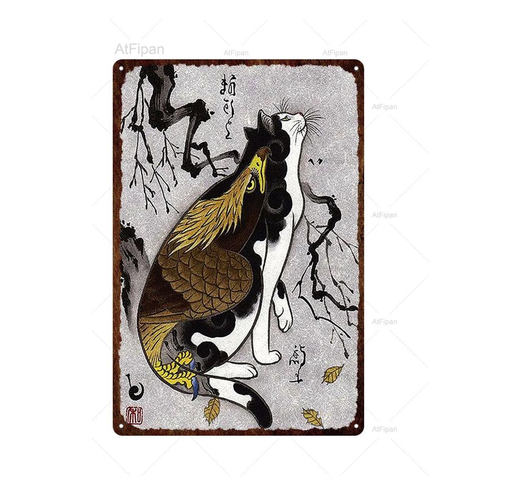 Vintage Japanese Samurai Cat Tin Sign  Retro Metal Wall Art for Home Decor  xCM  Unique Animal Tattoo Design