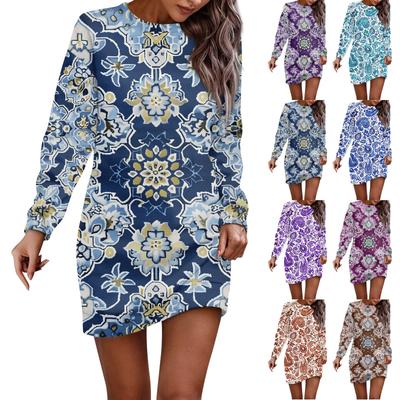 Γυναικείο λουλούδι με στρογγυλή λαιμόκοψη μακρυμάνικο φόρεμα αγκαλιά, υγιεινό φόρεμα