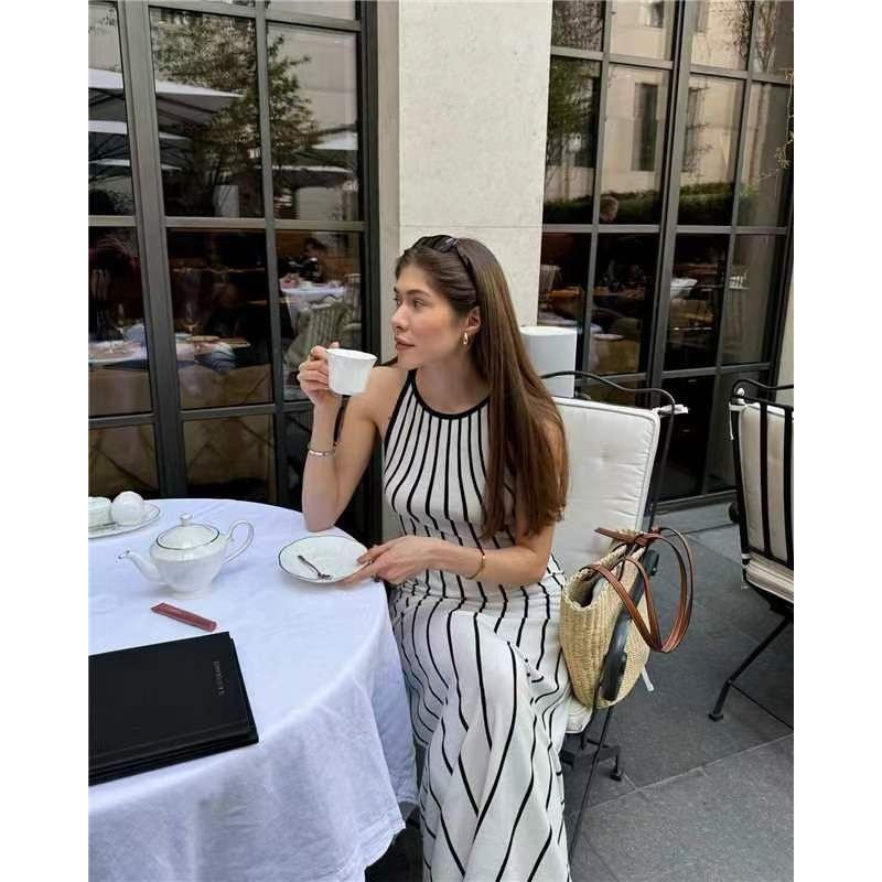 Western Style New Fashion Knitted Stripes Long Dress Sleeveless Dress Knitted Striped Dress