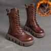 Johnature Caldi stivali invernali Scarpe da donna Vera pelle Peluche Zip Punta tonda Zeppe Stivali con plateau stringati fatti a mano