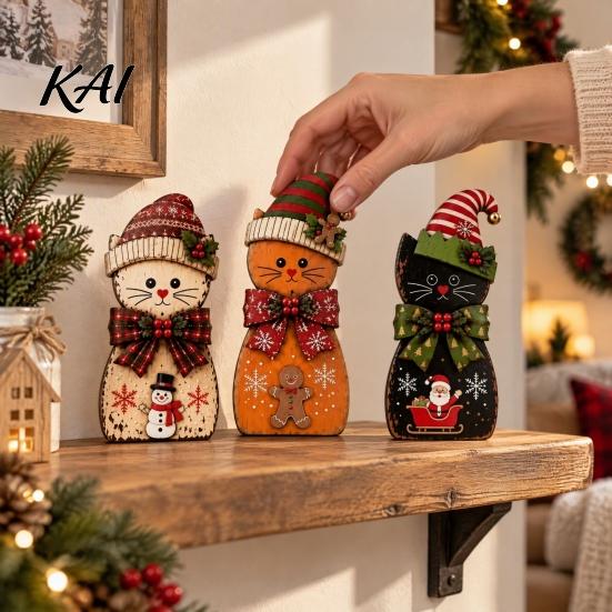 Wooden Desktop Decorations 3Pcs Christmas Cat Tabletop Decor, Rustic 2D Figurines with Xmas Reusable Holiday Crafts Hat, Santa & Gingerbread Patterns