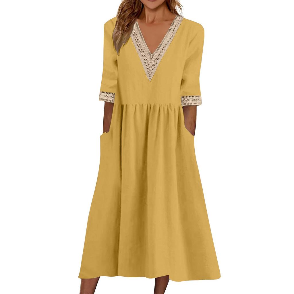 Women's Fashionable Casual Solid Color Short Sleeved Lace V-Neck Waist Cinched Dress