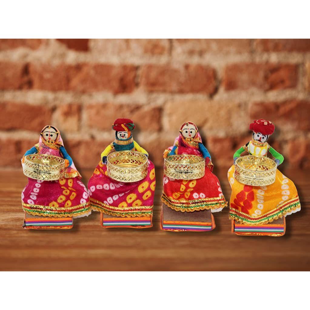 Suport pentru lumânări cu candelabric pentru păpuși în picioare reciclate Martial Rajasthani, multicolor (2 perechi)(4 suporturi pentru lumanari)