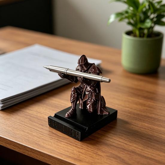 Porte-stylo Chevalier à genoux Impression 3D Guerrier blindé Organisateur de bureau Repose-stylo exécutif