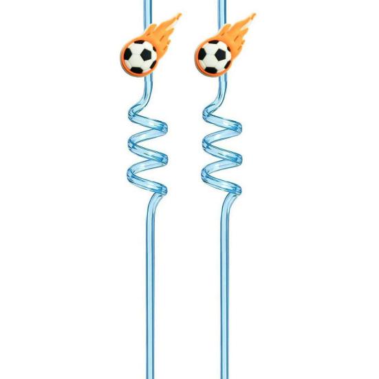2Pcs Soccer Theme Spiral Straws, PET Reusable Curved Drinking Straws with Football Charm, World Mug Party Beverage Decor