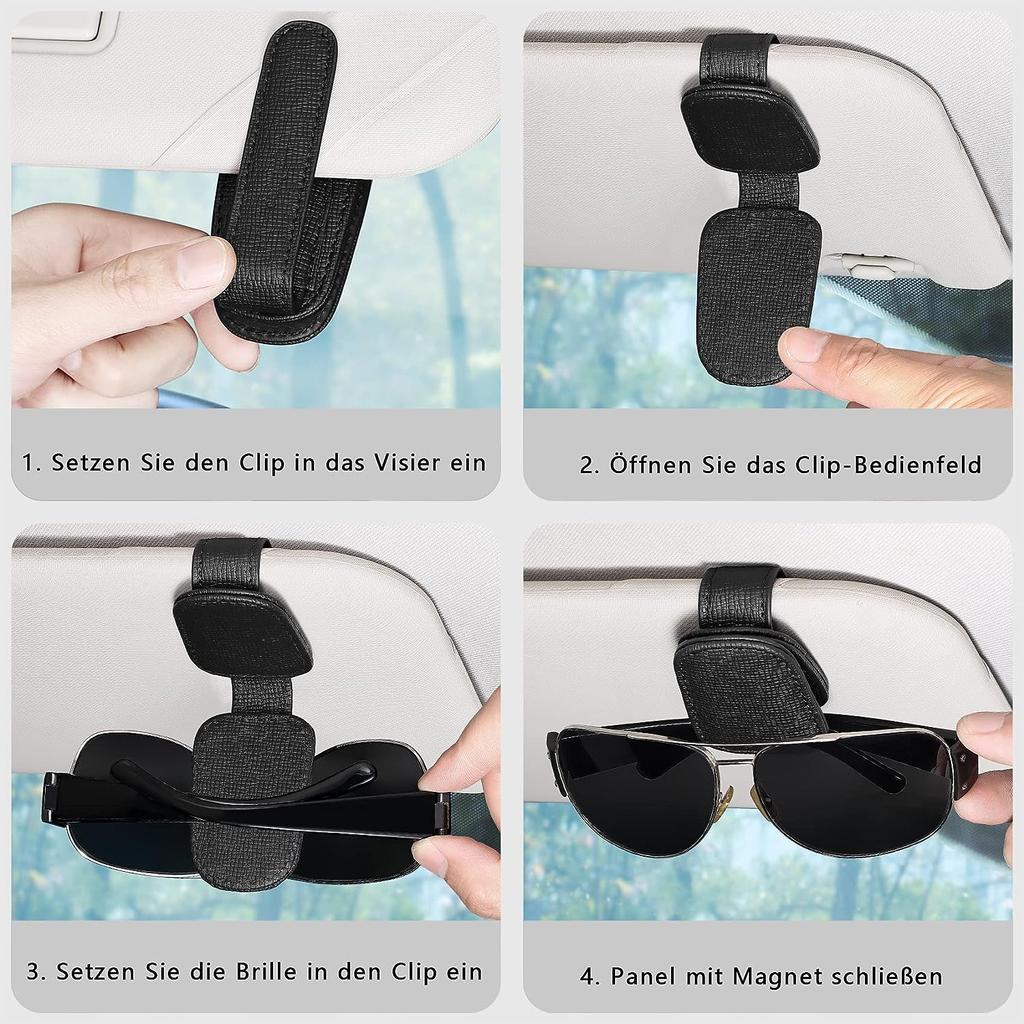 2 Pack Glasses Holder for Car Sun Visor, Genuine Leather Car Visor Accessories, Sunglasses Holder, Magnetic Sunglasses Holder, Ticket Clip