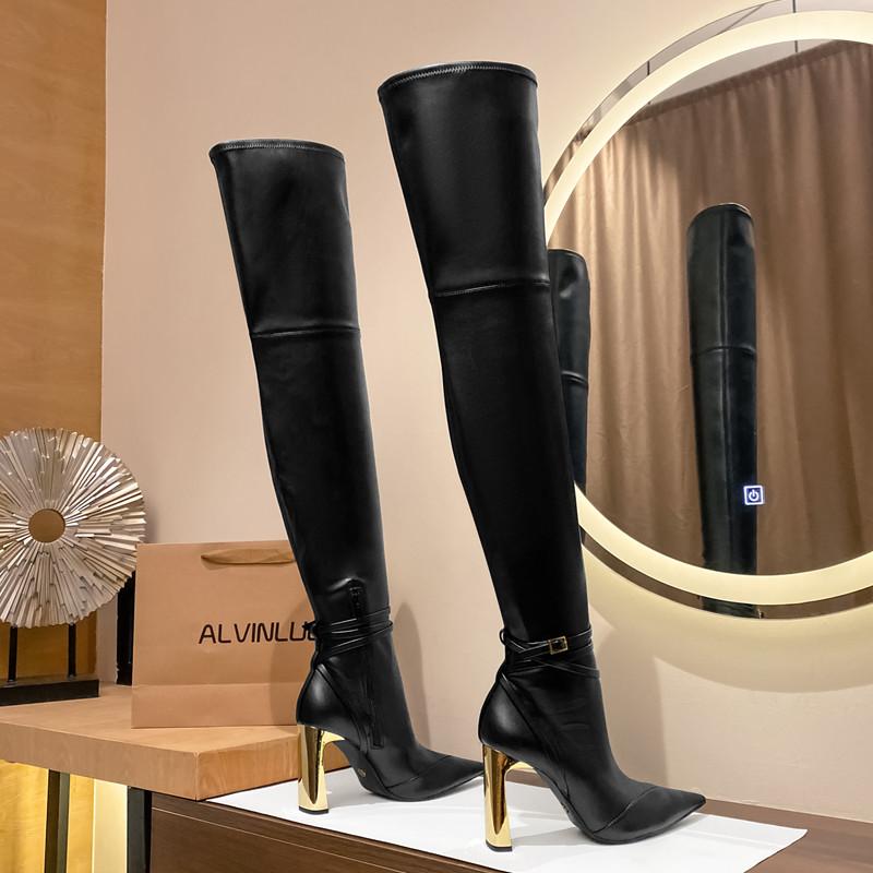 Autumn Winter Soft Leather Stretch Women Thigh High Boots Elegant Pointed Toe High Heels Over the Knee Boots Party Shoes