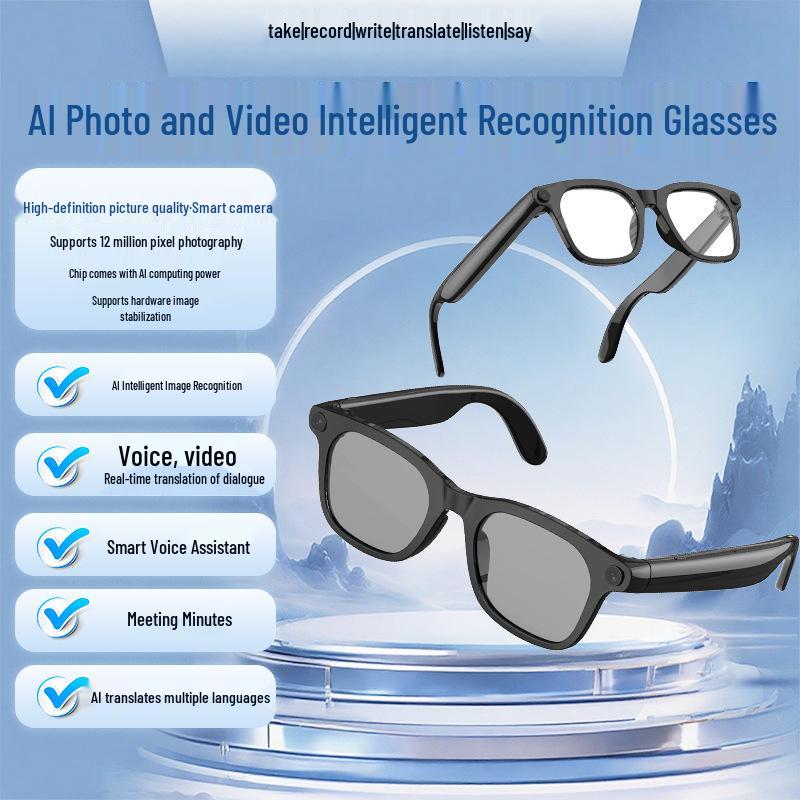 AI Smart Translation Glasses with 1200W Camera, Image Recognition, Recording, and Replaceable Myopia Lenses.