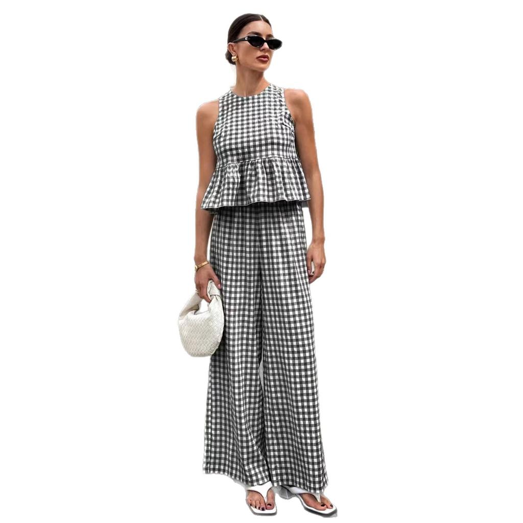 Women's Sleeveless Checkered Top with Ruffle Hem and Wide Leg Pants 2 Piece Set