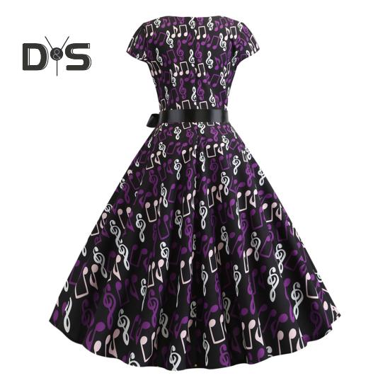 Damenkleid mit Musikskalen-Print, Rundhalsausschnitt, Schleife, Gürtel, enge Taille, A-Linie, großer Saum, bunt, kurze Ärmel, Reißverschluss auf der Rückseite, Midikleid für Damen