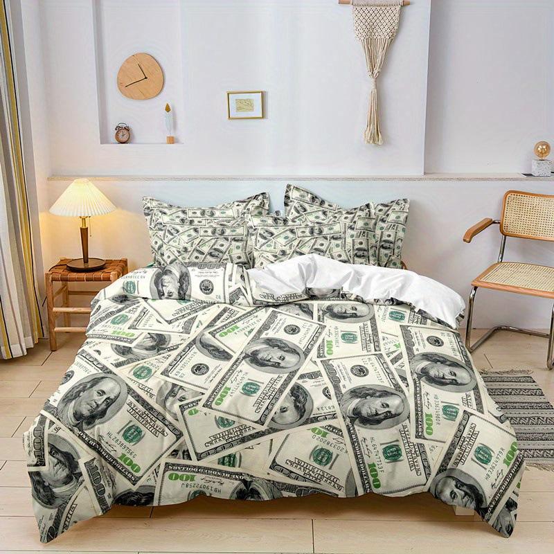 Dollar Printed Duvet Set, Dollar Bill Bedroom Bedding Quilt Set Three-Piece Set