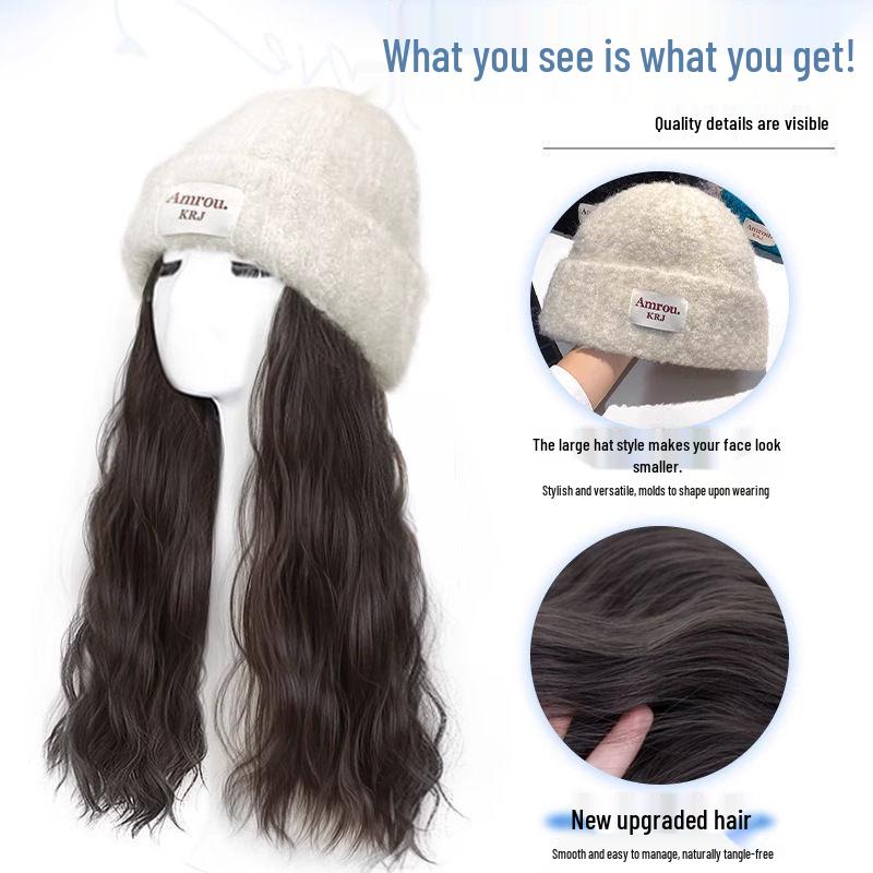 Women's Autumn/Winter Fashion: Wool Hat with Integrated Realistic Wavy Long Curly Hair, Full Coverage