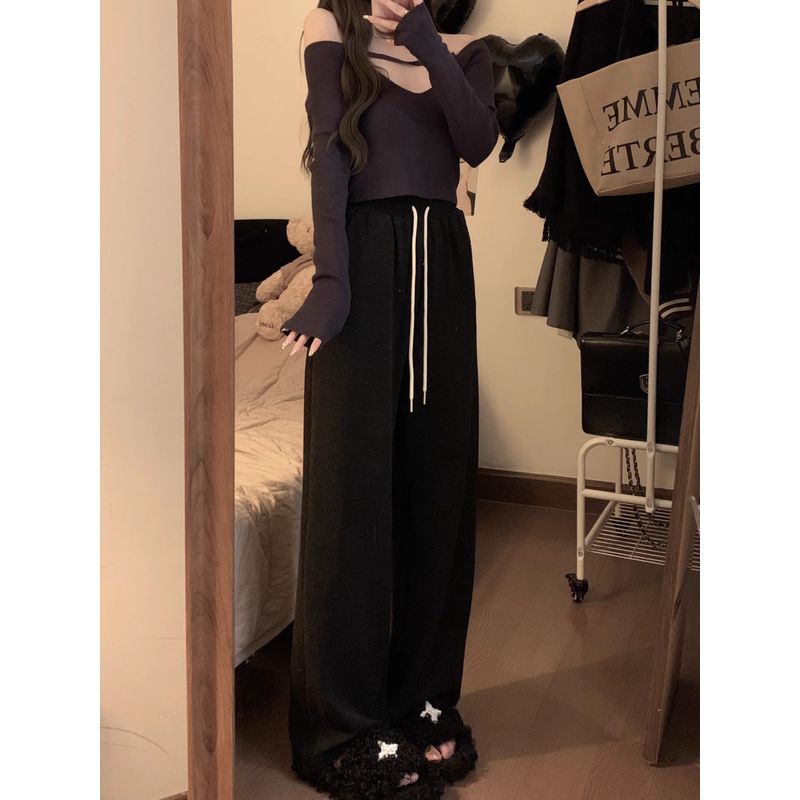 Gray Idle Style Fleece-lined Spring and Autumn Draped Casual Pants