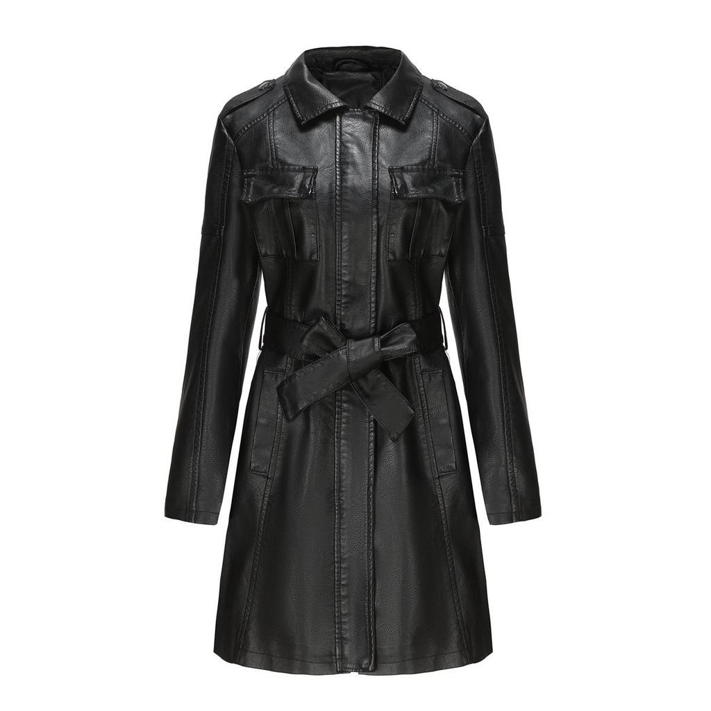 2023 European & American Mid-Length Belted Leather Trench Coat, Long Sleeve, British Style Outerwear for Women