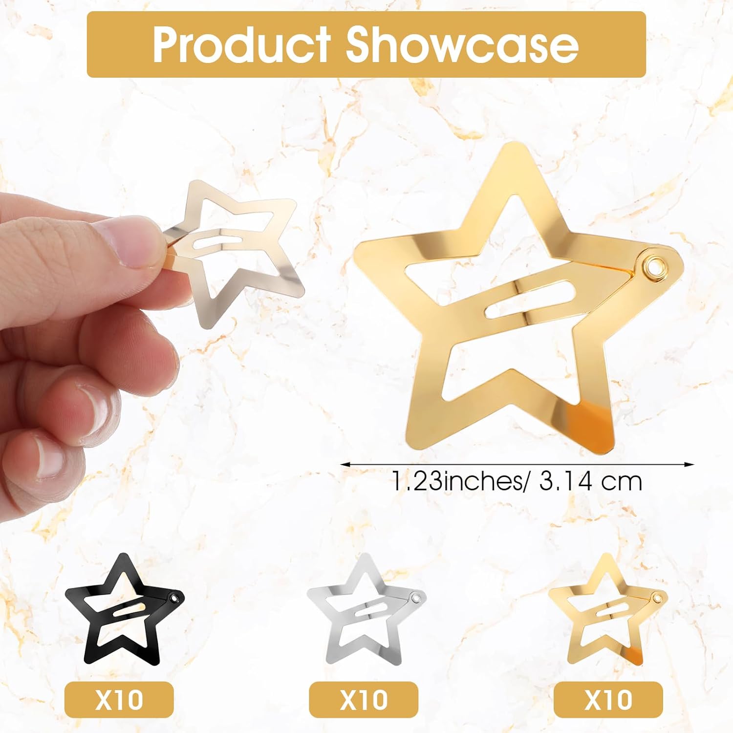 30PCS Metal Star Snap Hair Clips, 1.23 Inches Non-slip Hair Accessories Y2k Snap Hair Barrettes for Girls Women, (Gold, Silver, Black)