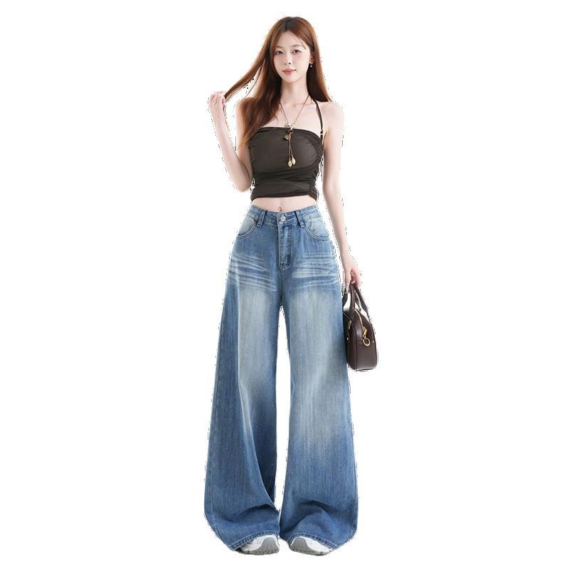 Spring Summer Crease Vintage Distressed High Waist Wide Leg Denim Pants For Ladies Casual Pants Oversize Denim Trousers