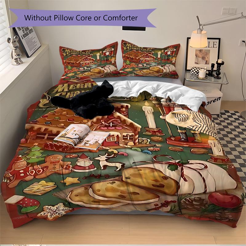 3pcs Christmas Gingerbread House Bedding Set with One Quilt Cover and Two Pillowcases (No Core) - Festive Decorative Duvet Cover Set for Bedroom and G