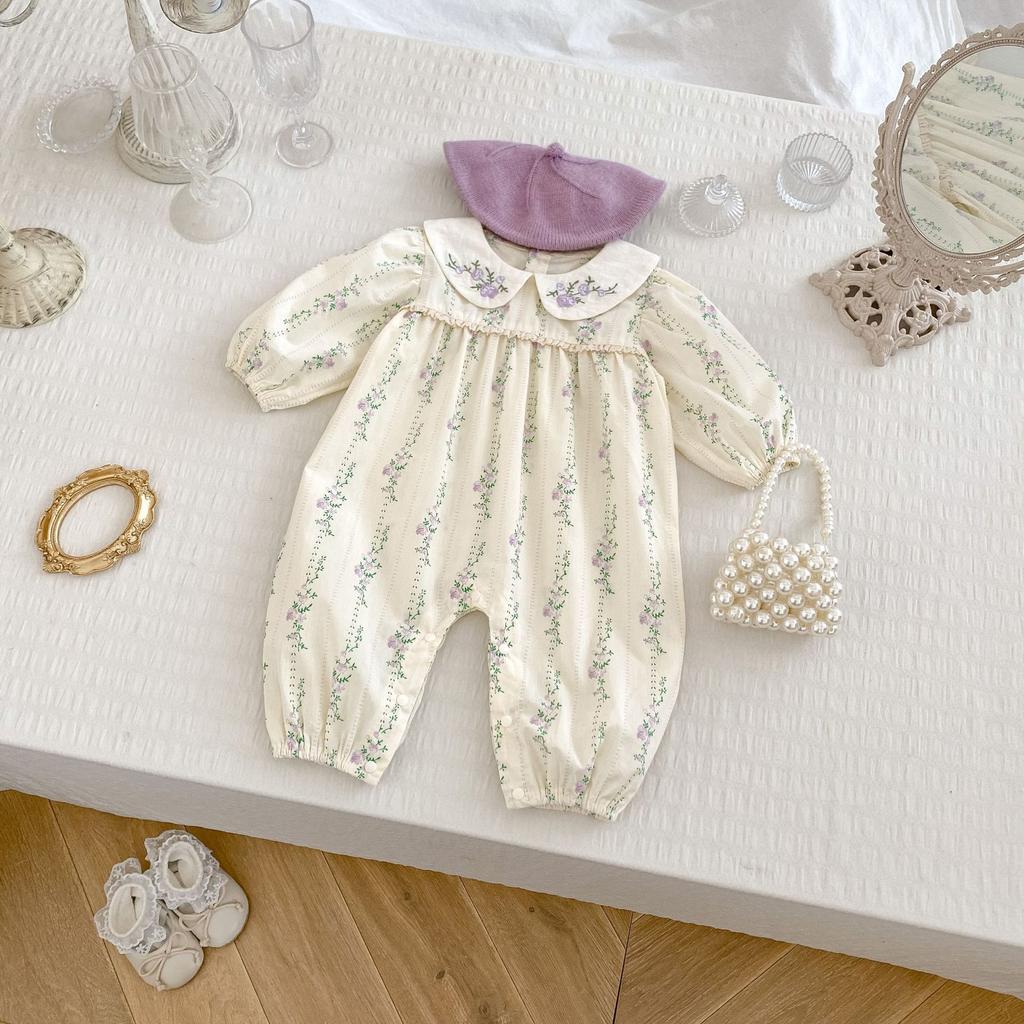 Baby Girl Spring Floral Long Sleeve Romper Lightweight Cute One Piece Outfit