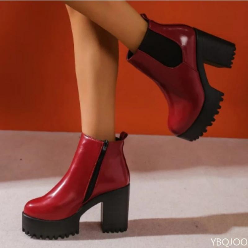 Fashion New round toe Women's Boots Black Fashion High Heels Side zip thick heel boots Comfort casual ladies shoes Botas Homme Zapatos
