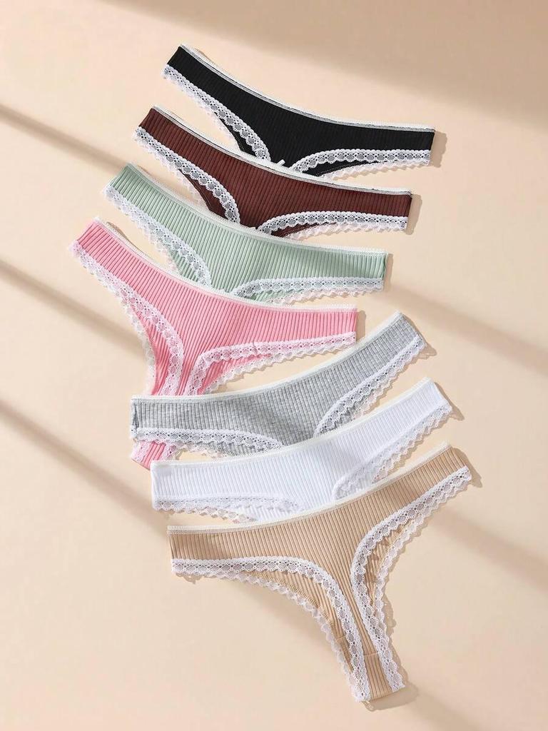 7Pcs/Pack Women Thongs Panties Cotton Sexy Lace Underwear Tanga Solid Pants Plus Size Underpants G-Strings Female Lingerie Size S-XL