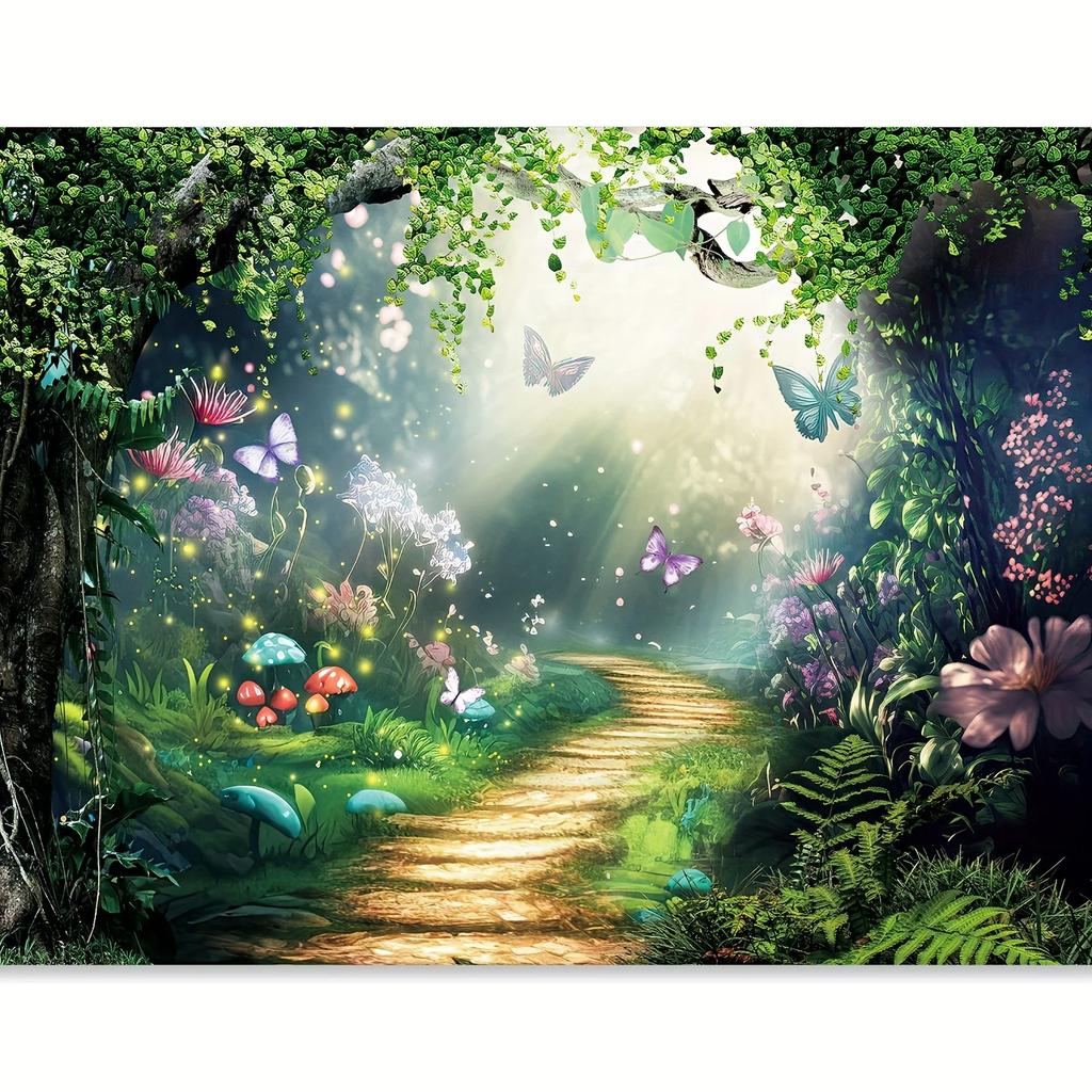 Magical Forest Fairy Tale Background Banner Made of Polyester Fabric Featuring Charming Green Spring Scenes and Butterflies