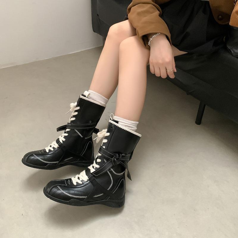 Boxing Boots 6 Inner Height Increase Retro Martin Boots Women's Autumn New Western Boots Color Matching Lace-up Boxing Shoes