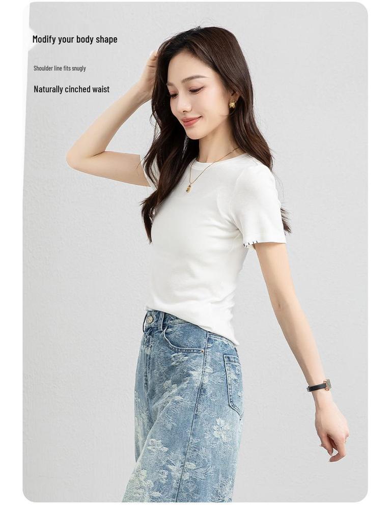 Xin Ge Burgundy Slimming Short-Sleeve High-Waist Women's T-shirt