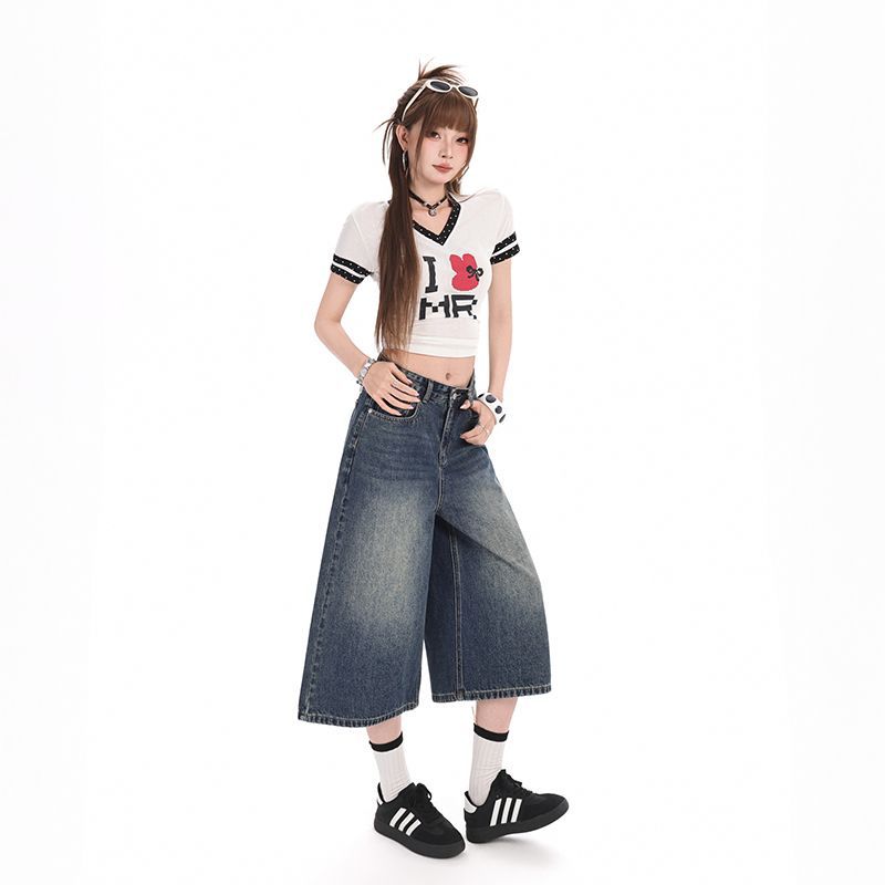 Trendy Summer Dark Blue High Waist Embroidered Loose Wide Leg Cropped Capri Denim Pants For Women Versatile Slimming FigureFlattering Casual Bottoms