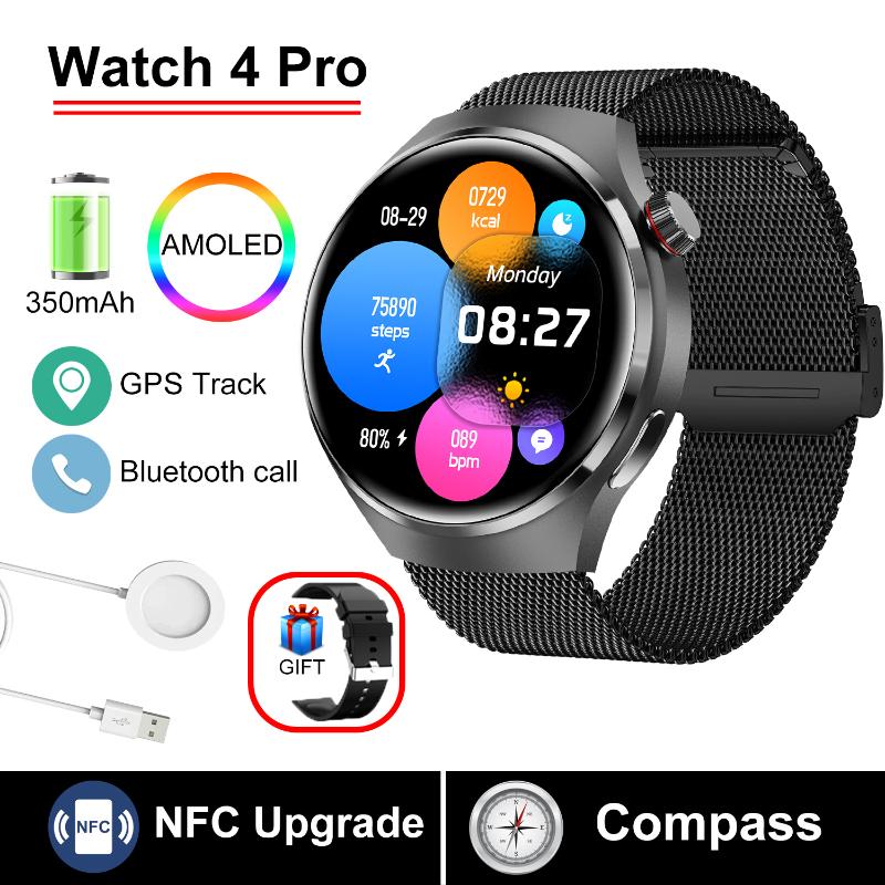 

2025 Новые умные часы WATCH 4 Pro Health для мужчин, экран 360*360 AMOLED, NFC, GPS-трекер, компас, BT, датчик кислорода в крови, IP68, спортивные умные часы Mesh belt чёрный