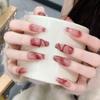 100% HANDMADE Long Coffin Shape Fake Nail Set with Glue Retro Hottie Red Wine Heart Agate Press On Nails Acrylic Fake Nails Reusable Fake Nails