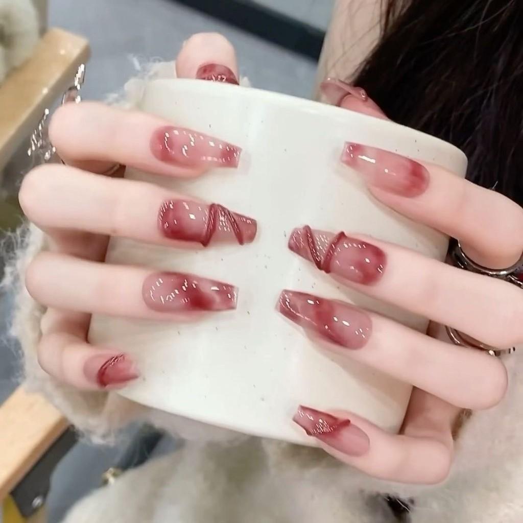 100% HANDMADE Long Coffin Shape Fake Nail Set with Glue Retro Hottie Red Wine Heart Agate Press On Nails Acrylic Fake Nails Reusable Fake Nails