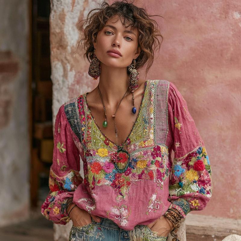 Camicetta da Donna Scollo a V Manica Lunga Vestibilità Regolare Casual Stampa Floreale Camicia Boemia