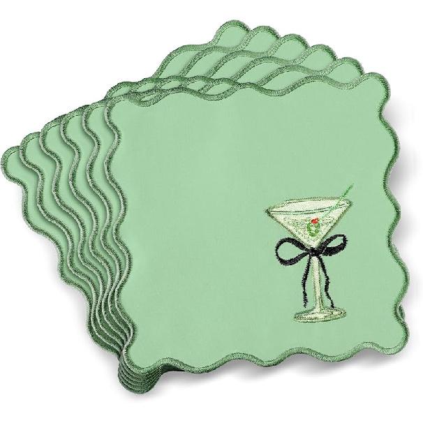 12 Pcs Martini Cocktail Napk Cloth Scalloped Embroidery a Tini Bit Older Party Supplies 6"x6" Washable Polyester Satin Cloth for Martini Cocktail