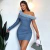 New European and American Women's Cross-shoulder Long-sleeve Pencil Short Skirt, Fashionable Slim Fit, Fur Collar Dress