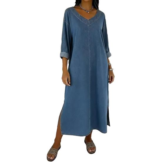 Women's Faux Denim Maxi Dress V Neck 46085 Sleeve Loose Long Dress