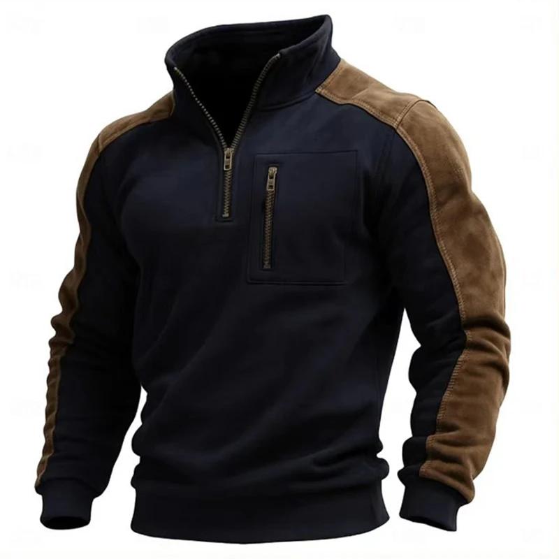 Fall Winter Outdoor Casual Sweatshirt Men Fashion Suede Long Sleeve Patchwork Hoodie Top Mens Vintage Zipper Stand Collar Pullovers