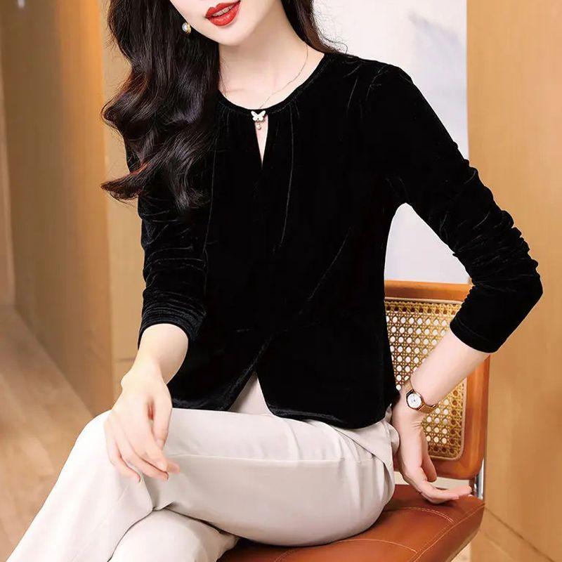 Gold Velvet Top Women Autumn Winter New Bottoming Shirt Fashionable Versatile Long-sleeved Round Neck Waisted T