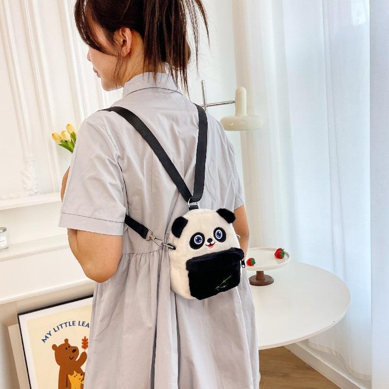 Plush bag girl mobile phone bag cute cartoon panda multi-purpose children's shoulder double shoulder messenger bag