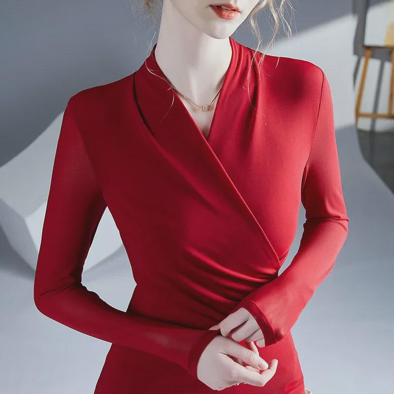 2025 Modny T-shirt z długim rękawem i dekoltem w serek - stylowy i seksowny na wiosnę i jesień