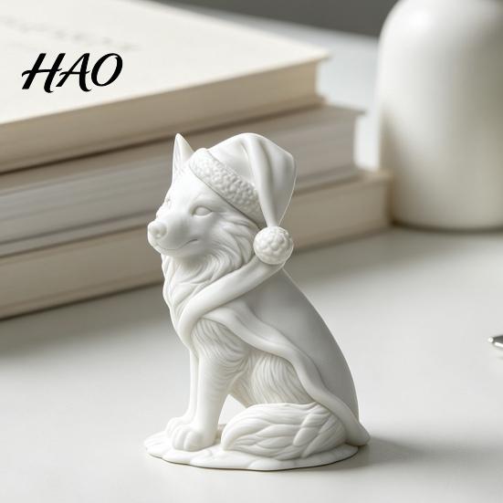 White Wolf Statue 3D Printed Figurine, Cute Christmas Animal with Santa Unique Holiday Present Hat And Scarf for Tabletop, Mantel Shelf Home