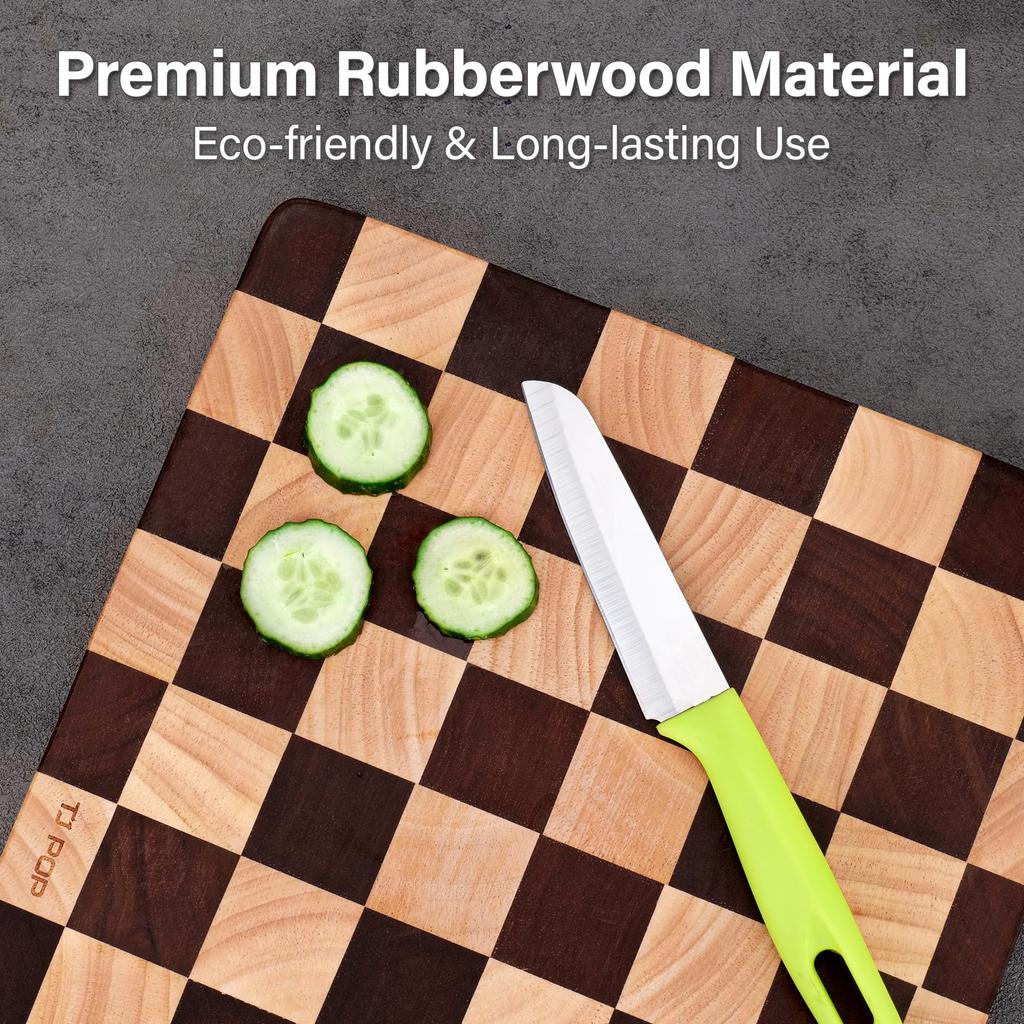 TJ POP Cutting Board Endgrain Rubberwood Combination Natural Wood Marquetry Checkerboard Pattern High Resistant Lacquer Finish Hygienic Vertical Fiber