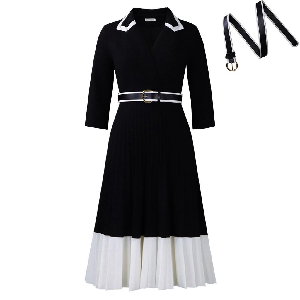 Solid-color Long-sleeved, Color-blocked Pleated A-line Dress for Women's Autumn and Winter