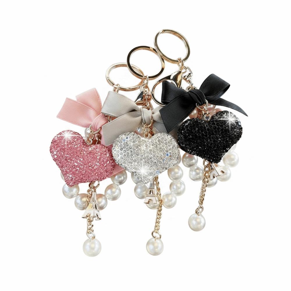 Crystal Rhinestone Heart Keychain Bow & Pearl Tassel Phone Lanyard Car Key Ring  Handbag Accessory