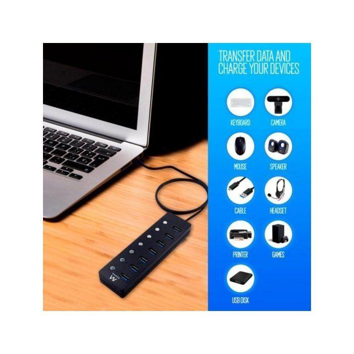 Hub USB Ewent EW1147 - 7 ports - commutateurs indépendants - adaptateur secteur - Noir