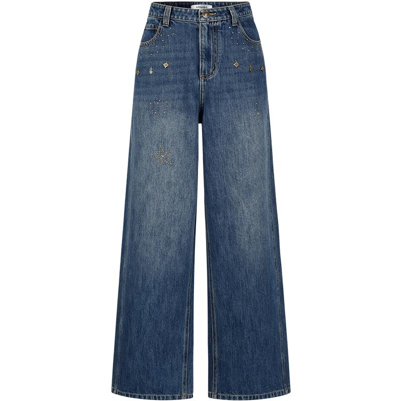 Juzhi Annakou Women s 100% Cotton Irregular Rhinestone Curved Denim Jeans 2XL темно-синий