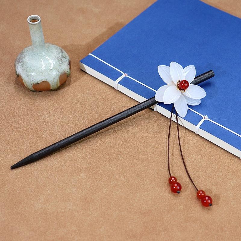 A lotus Hanfu fringed hairpin, glazed petal lotus agate hairpin, wooden hairpin head jewelry